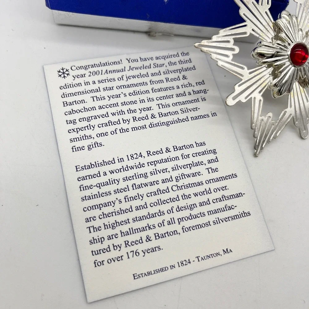 Reed & Barton 2001 Annual Jeweled Star Silverplated Christmas Ornament Red Stone